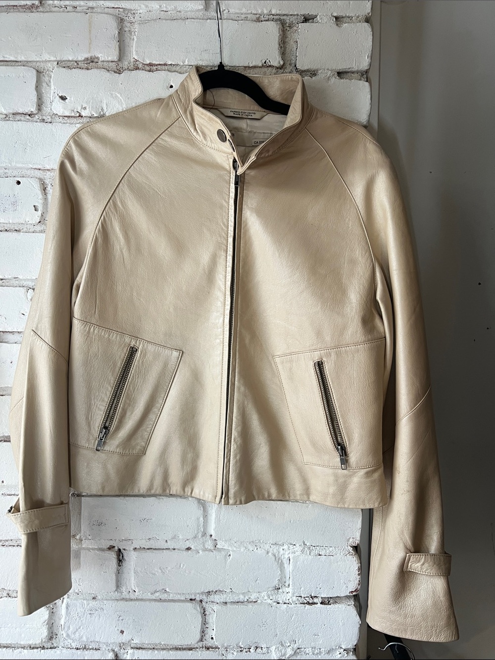 Perry Ellis Cream Leather Moto Jacket 90s luxury